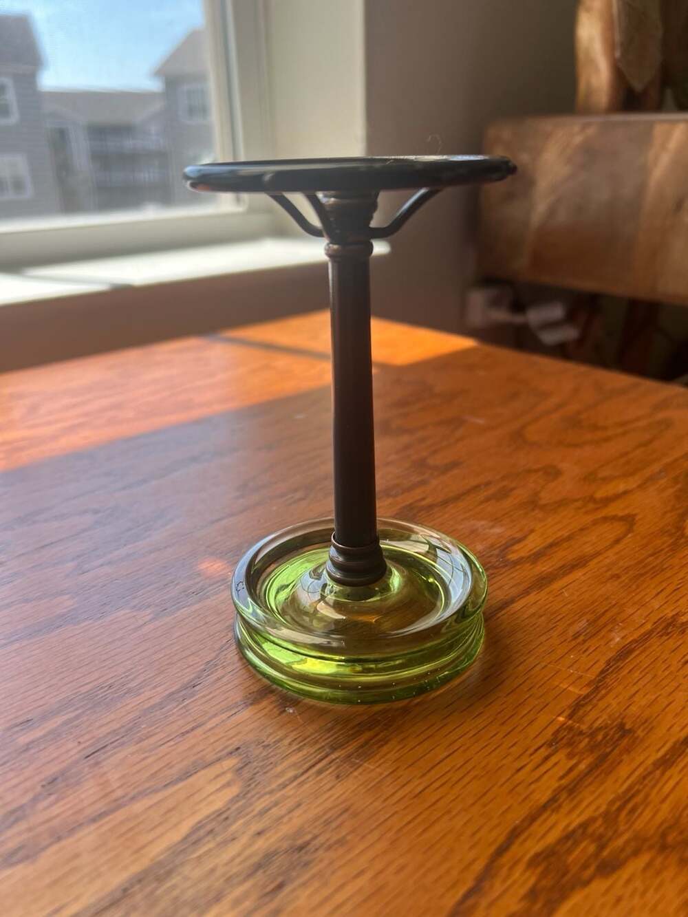 Industrial Green Glass and Bronze Metal Stand Holder